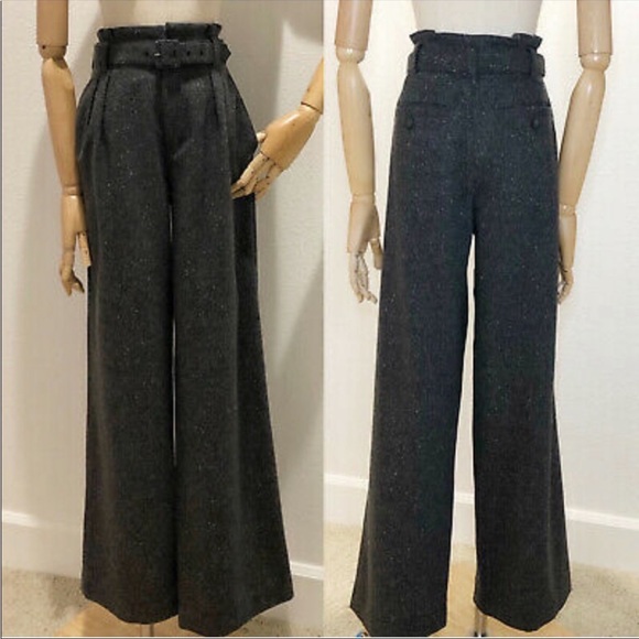 Vince Pants - VINCE Grey Wool Wide Leg Pleated Trouser Pants w/ Belt